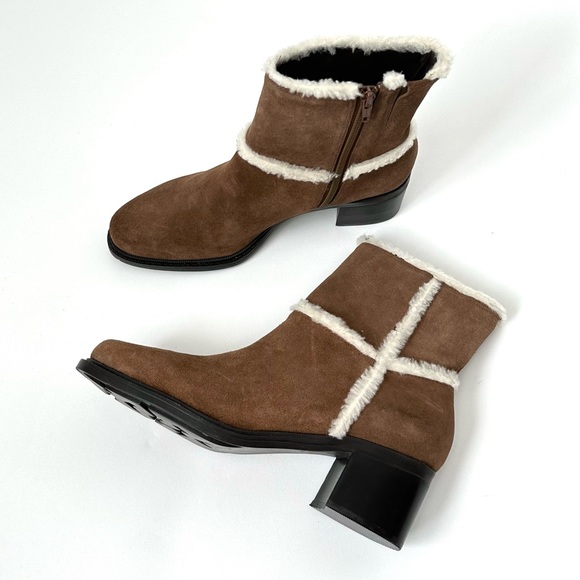 BROWN SUEDE LEATHER SHEARLING SHORT BOOTS by Markon Zipped with Heel Size- 9 1/2 - Picture 3 of 13